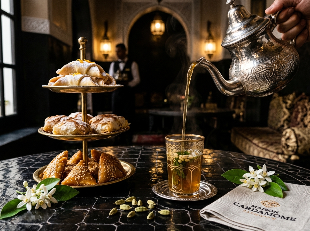 Service du thé impérial et haute pâtisserie marocaine à Maison Cardamome